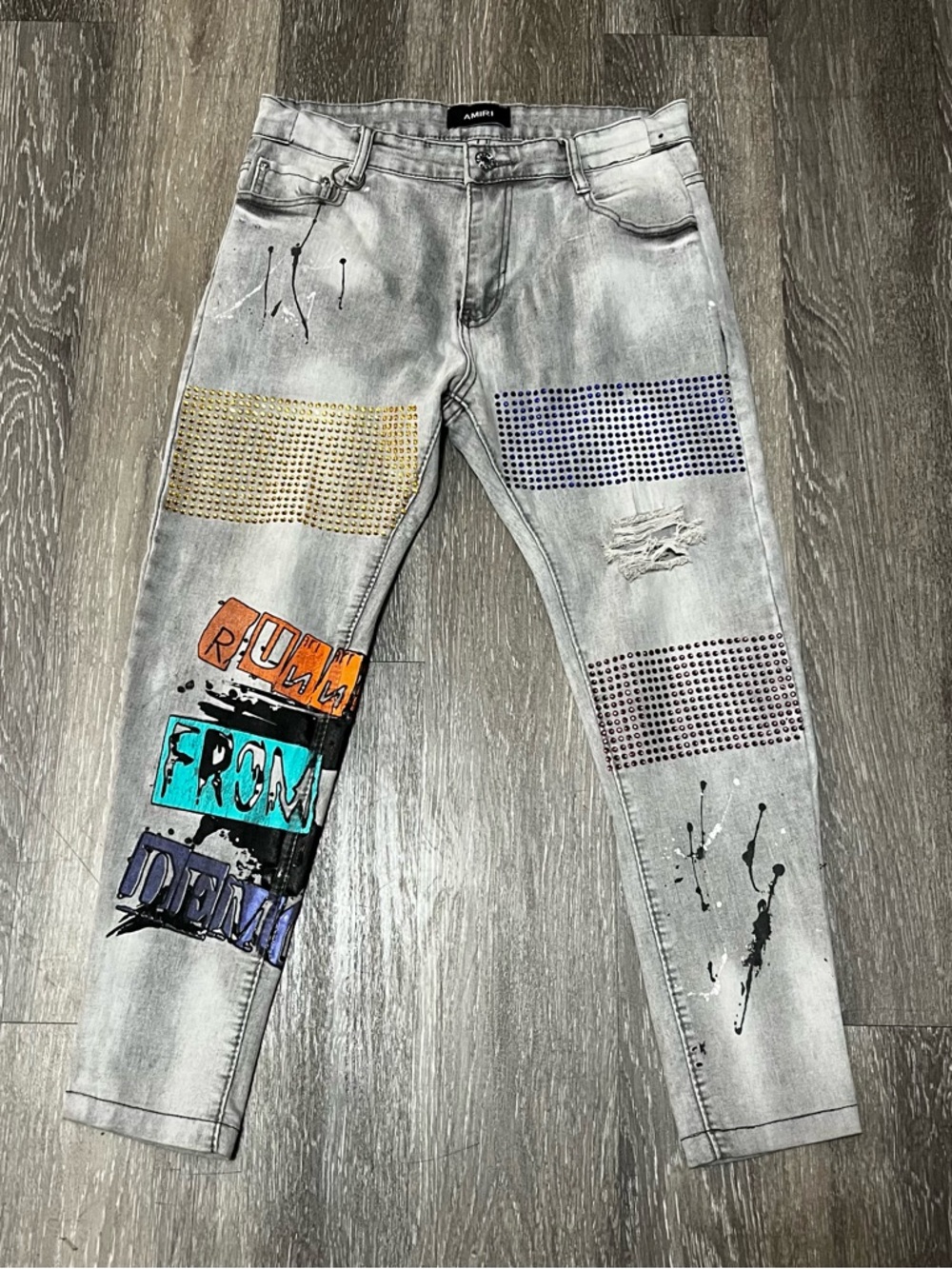 Amiri Distressed Jeans Men's 34 Distressed Rhinestones Luxe Designer Stretch